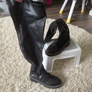Black Chanel  High Knee Boots with Silver Detailing